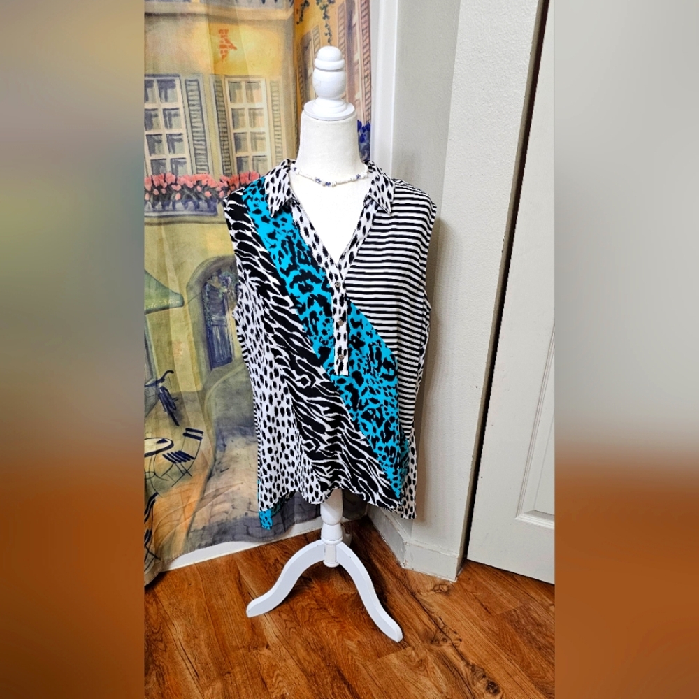 Alfani Black and White Striped Blouse with Turquoise Accents
